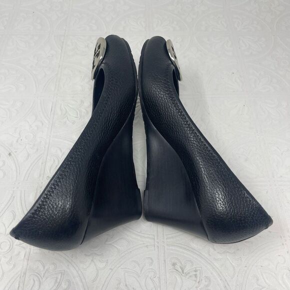 Tory Burch Black Silver Medallion Sally 2 Leather Wedge Pumps Heels Size 7M - Picture 5 of 7